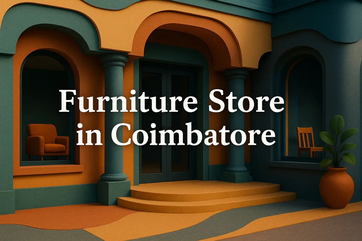 Colorful 3D exterior of a modern furniture store in Coimbatore with artistic design and bold highlighted text.