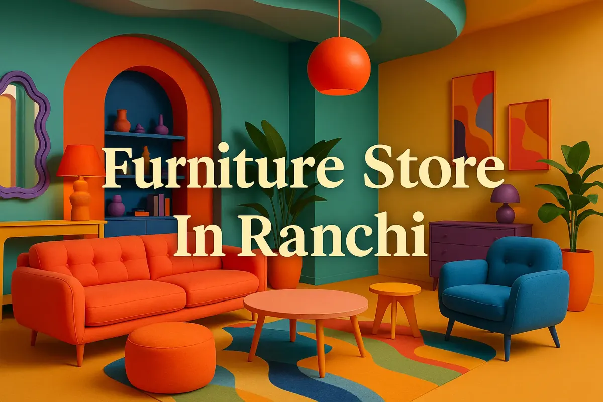 Colorful 3D interior of a furniture store in Ranchi with bold Lora font text and vibrant modern decor.