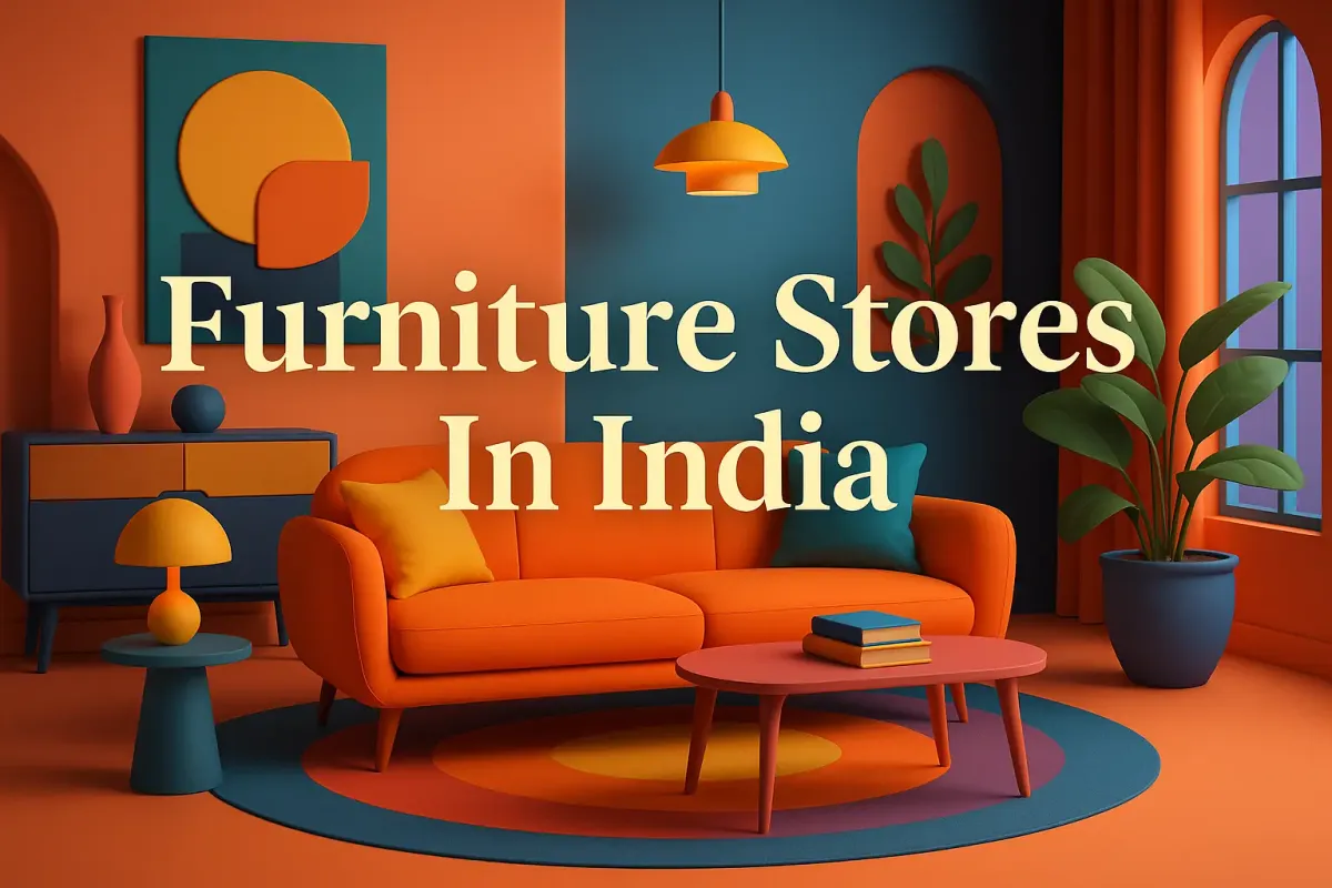 Colorful 3D interior of a furniture store in India with bold Lora-font text, vibrant decor, and stylish modern furnishings.