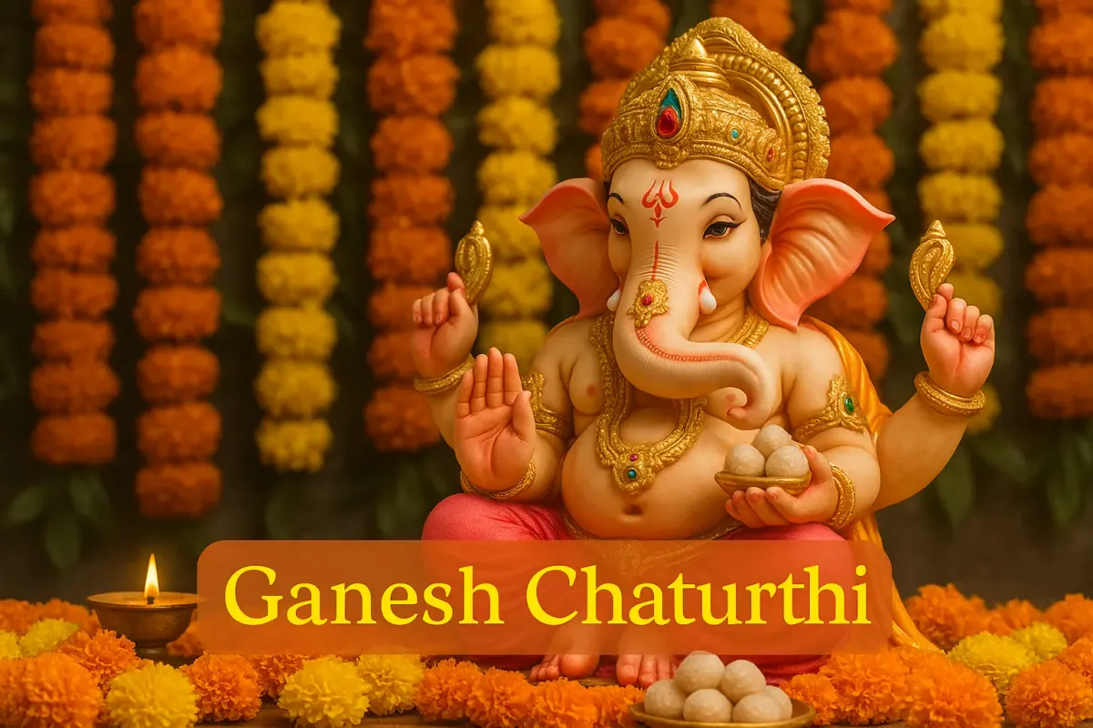 Lord Ganesha idol with golden crown, sweets in hand, celebrating Ganesh Chaturthi festival.