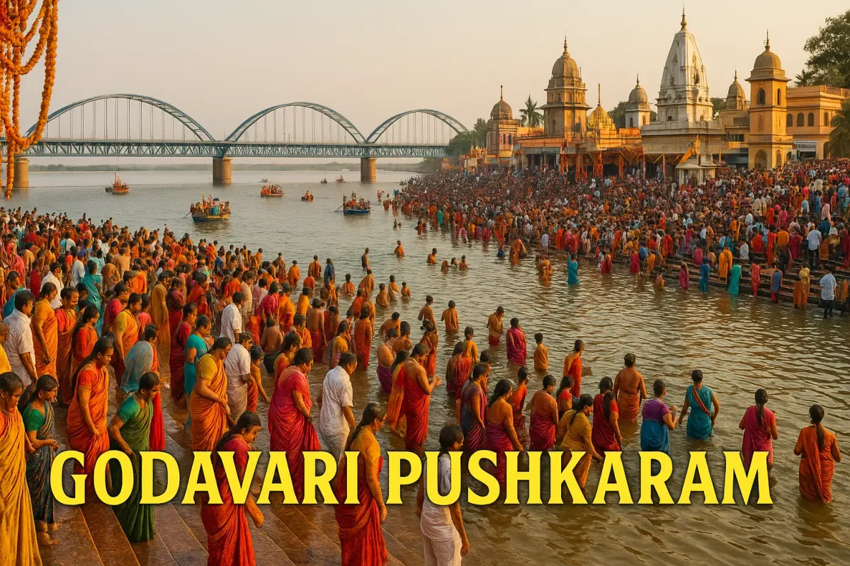 Devotees gather at Godavari River during Pushkaram festival, taking holy dips near temples under a vibrant sunset sky.