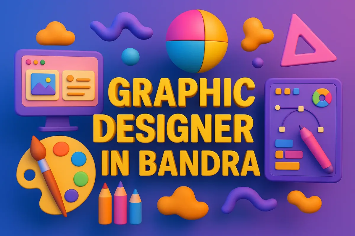 3D colorful design with "Graphic Designer in Bandra" text, creative tools, and vibrant shapes on a gradient background.