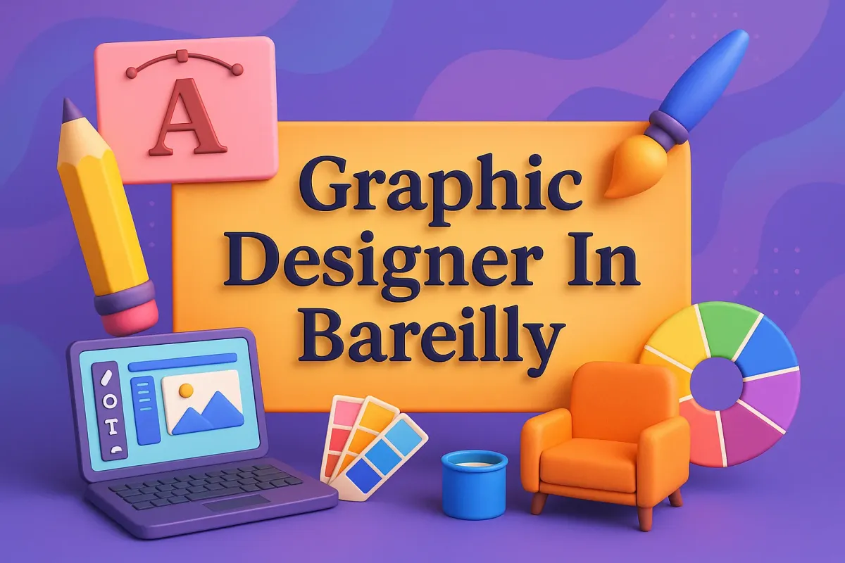 Graphic Designer In Bareillyโ text, featuring laptop, color wheel, paintbrush, pencil, and design tools in bright colors