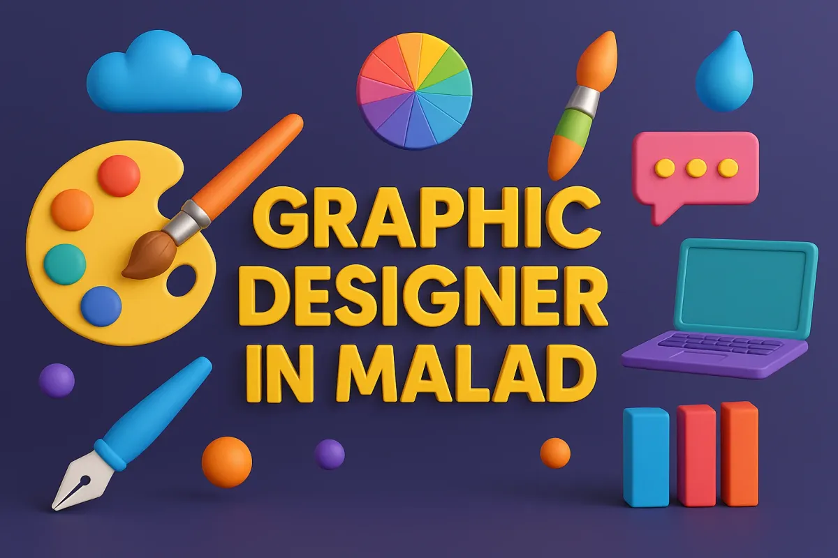 3D image with “Graphic Designer in Malad” , palette, laptop, and vibrant design elements on a dark background.