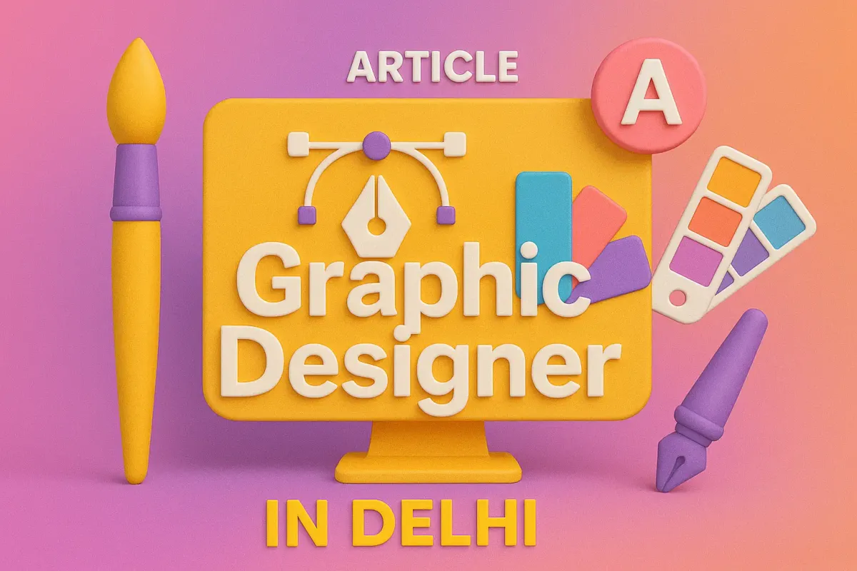 3D image showing “Graphic Designer in Delhi” with design tools, vibrant colors, and highlighted text 