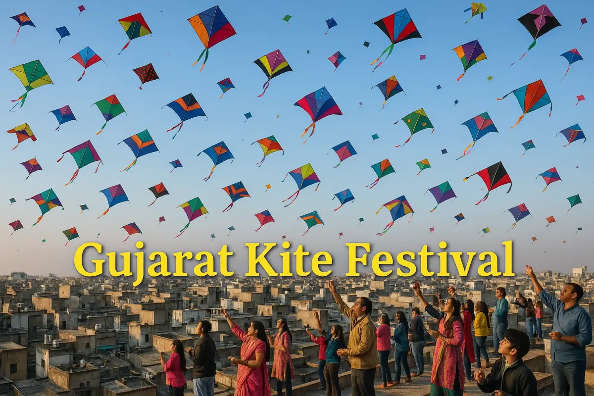 People flying colorful kites from rooftops during Gujarat Kite Festival under a clear blue sky in Ahmedabad.