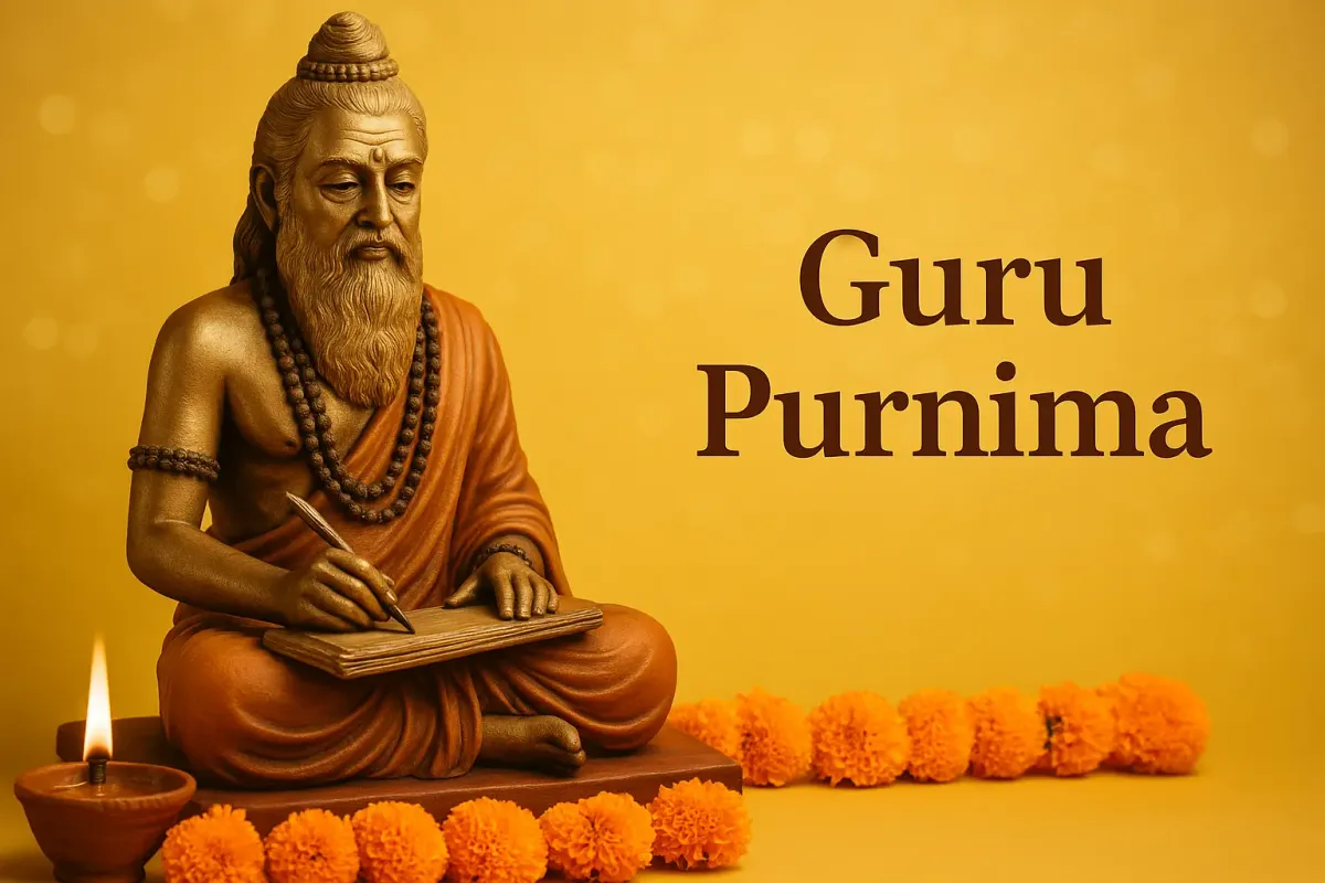 Guru Purnima celebration with bronze guru statue, marigold flowers, oil lamp, and golden festive background.