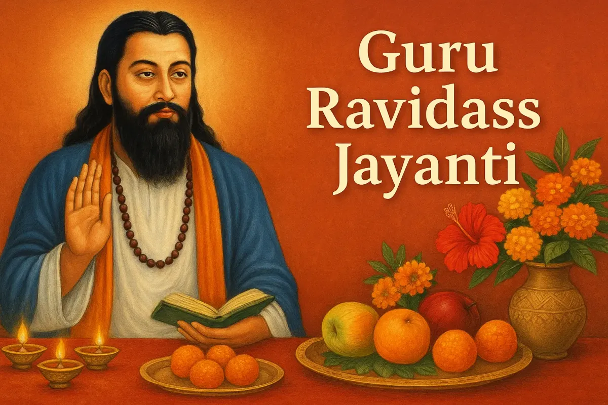 Guru Ravidass Jayanti celebration with the saintās image, festive diyas, sweets, fruits, and marigold flowers.