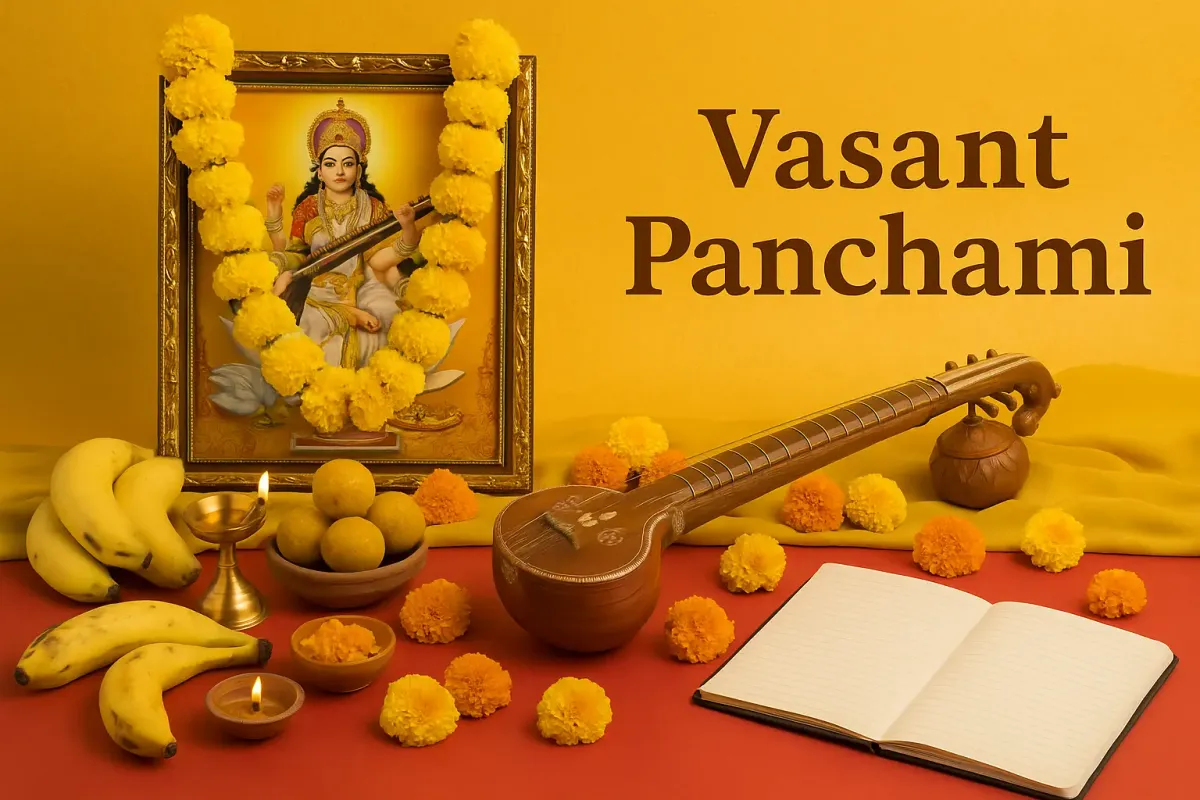 A vibrant Vasant Panchami celebration setup with yellow decorations, traditional sweets, and Saraswati idol in festive.