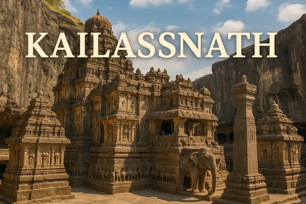 A realistic photo of Kailashnath Temple in Ellora, showing ancient stone carvings, temple towers, and an elephant statue.