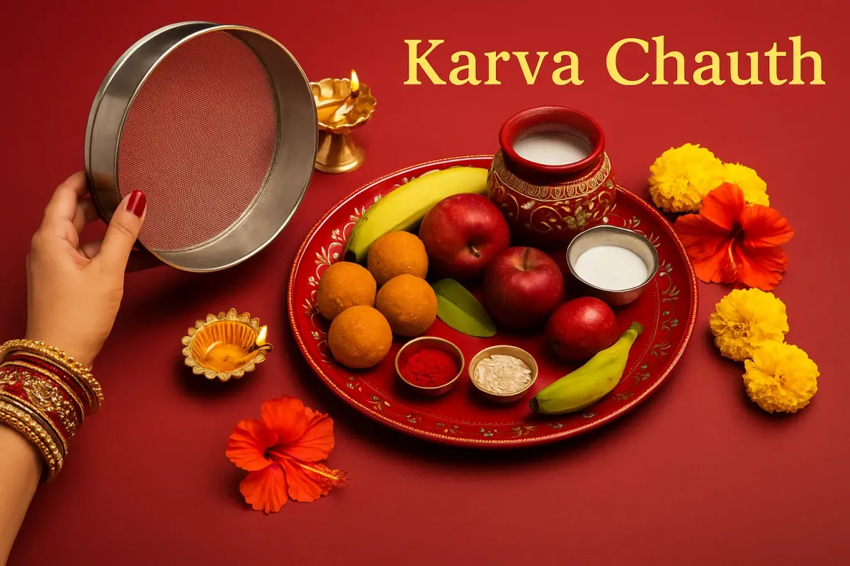 Karva Chauth thali with fruits, sweets, karva pot, diya, and a woman holding a sieve on a red festive background.