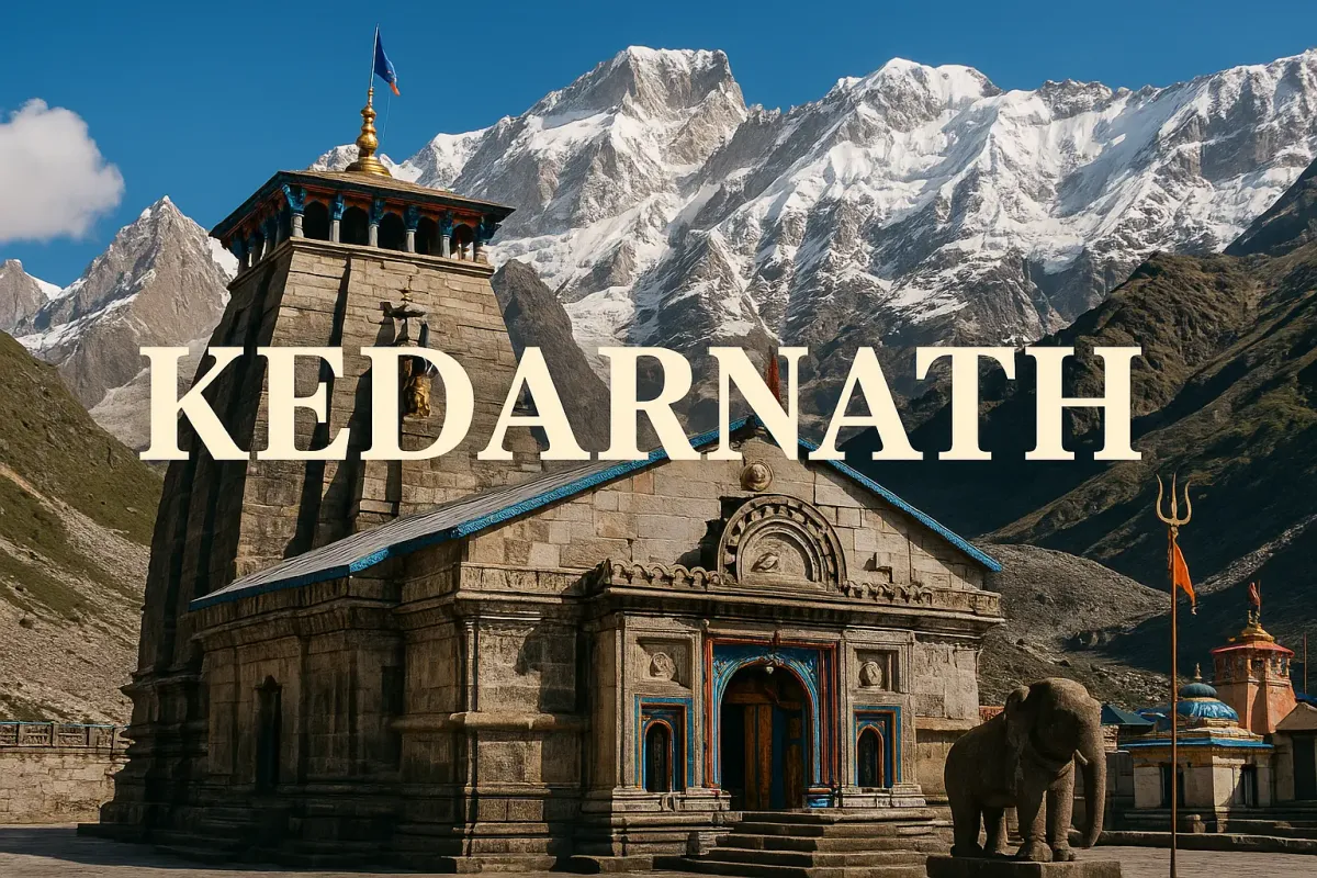 Kedarnath Temple in Himalayas with stone facade, snow-covered peaks, and bold KEDARNATH text in Lora font with shadow effect.