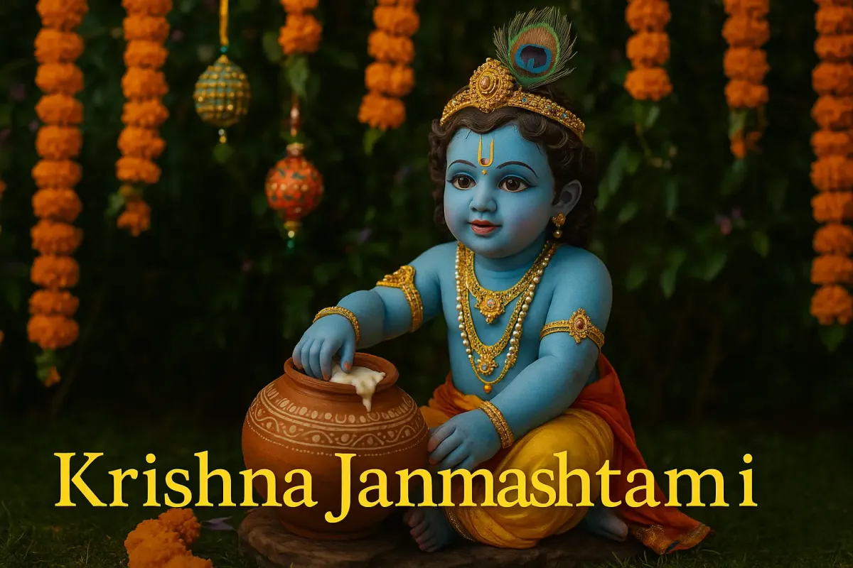 Statue of baby Krishna with butter pot, wearing peacock crown and gold jewelry, celebrating Krishna Janmashtami.