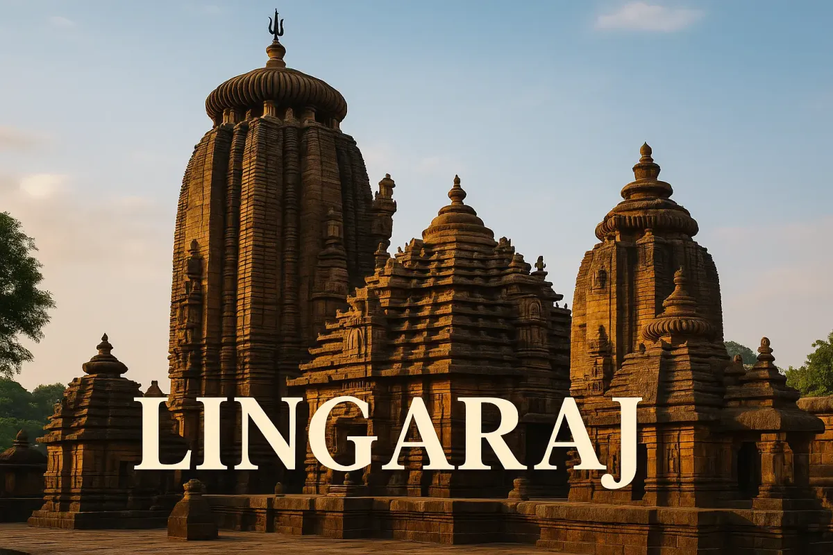 Lingaraj Temple in Bhubaneswar at sunset with ancient stone carvings, highlighted LINGARAJ .