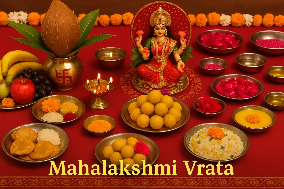 Traditional Mahalakshmi Vrata setup with goddess idol, diyas, ladoos, fruits, flowers, and festive offerings.