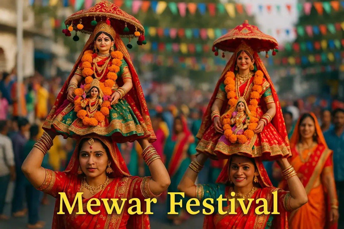 Rajasthani women in traditional attire carry decorated idols during Mewar Festival procession under colorful flags.