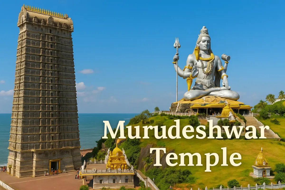 Murudeshwar Temple with towering Shiva statue, architecture, and sea view under bright daylight, ideal for spiritual tourism.