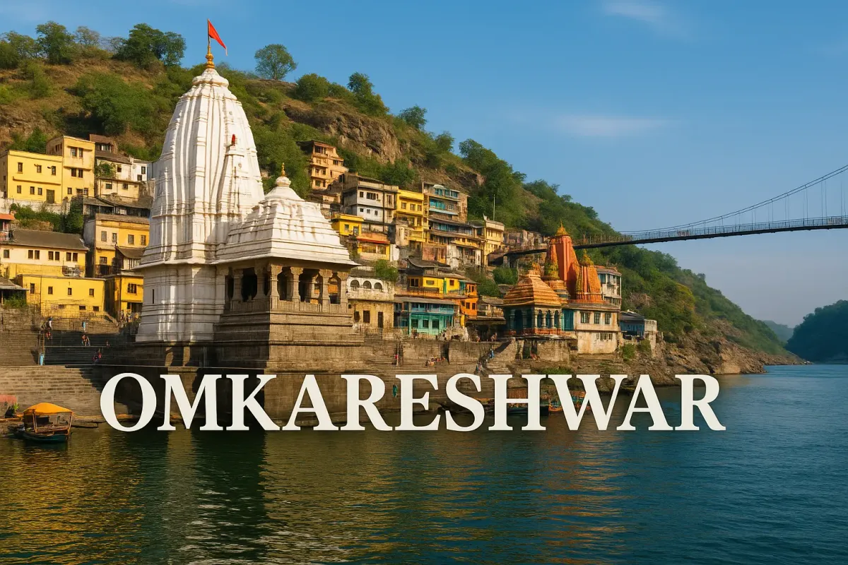 Omkareshwar Temple on Narmada River with colorful hillside buildings, calm water, and bold OMKARESHWAR.
