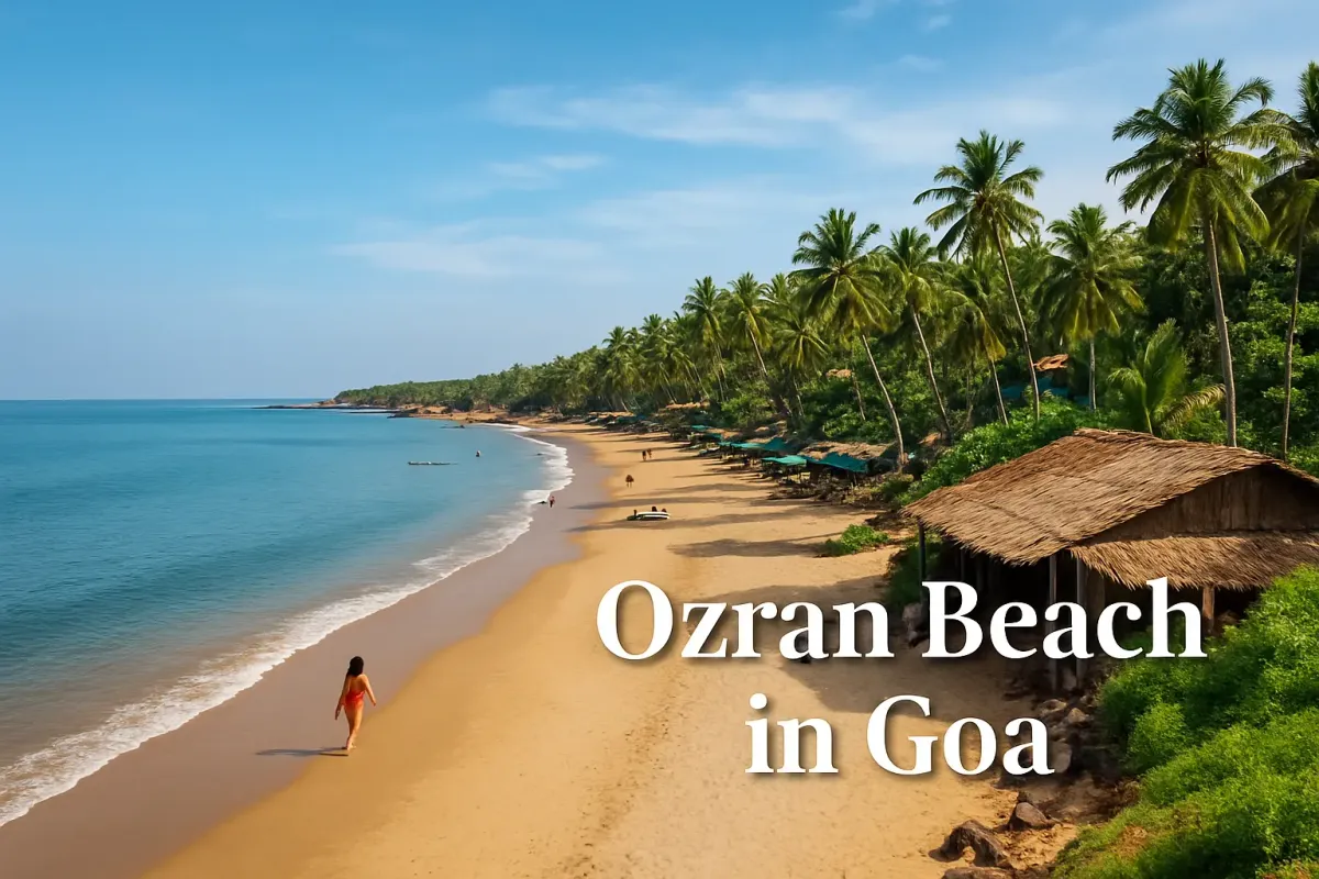 Hot and sexy girl enjoying sunny day at colorful Ozran Beach in Goa with bold shadowed Lora font text in background.