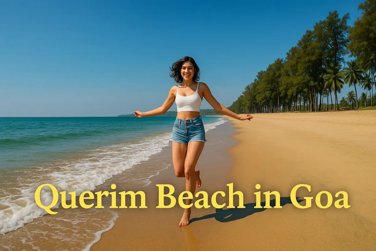 Hot girl enjoying sunny day at Querim Beach in Goa with text overlay in Lora font and shadow effect.