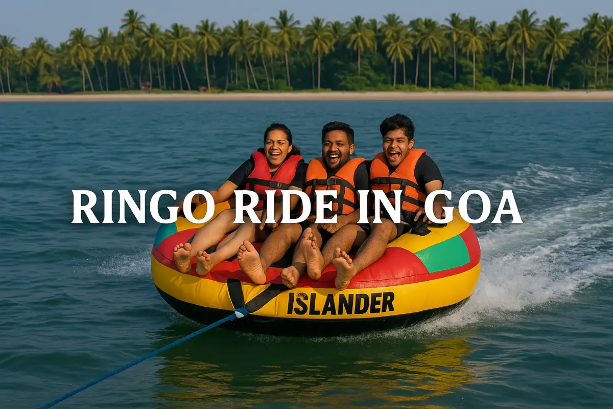 Three friends enjoying a thrilling Ringo ride on a colorful inflatable tube in Goa with palm trees and ocean backdrop.