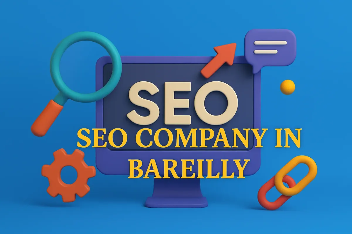 SEO Company in Bareilly illustration with colorful icons, blue background, and bold Lora font text for digital branding.