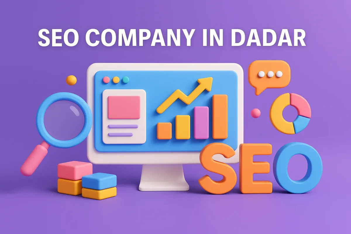 SEO company in Dadar with graphs, magnifying glass, and colorful SEO elements on a purple background.
