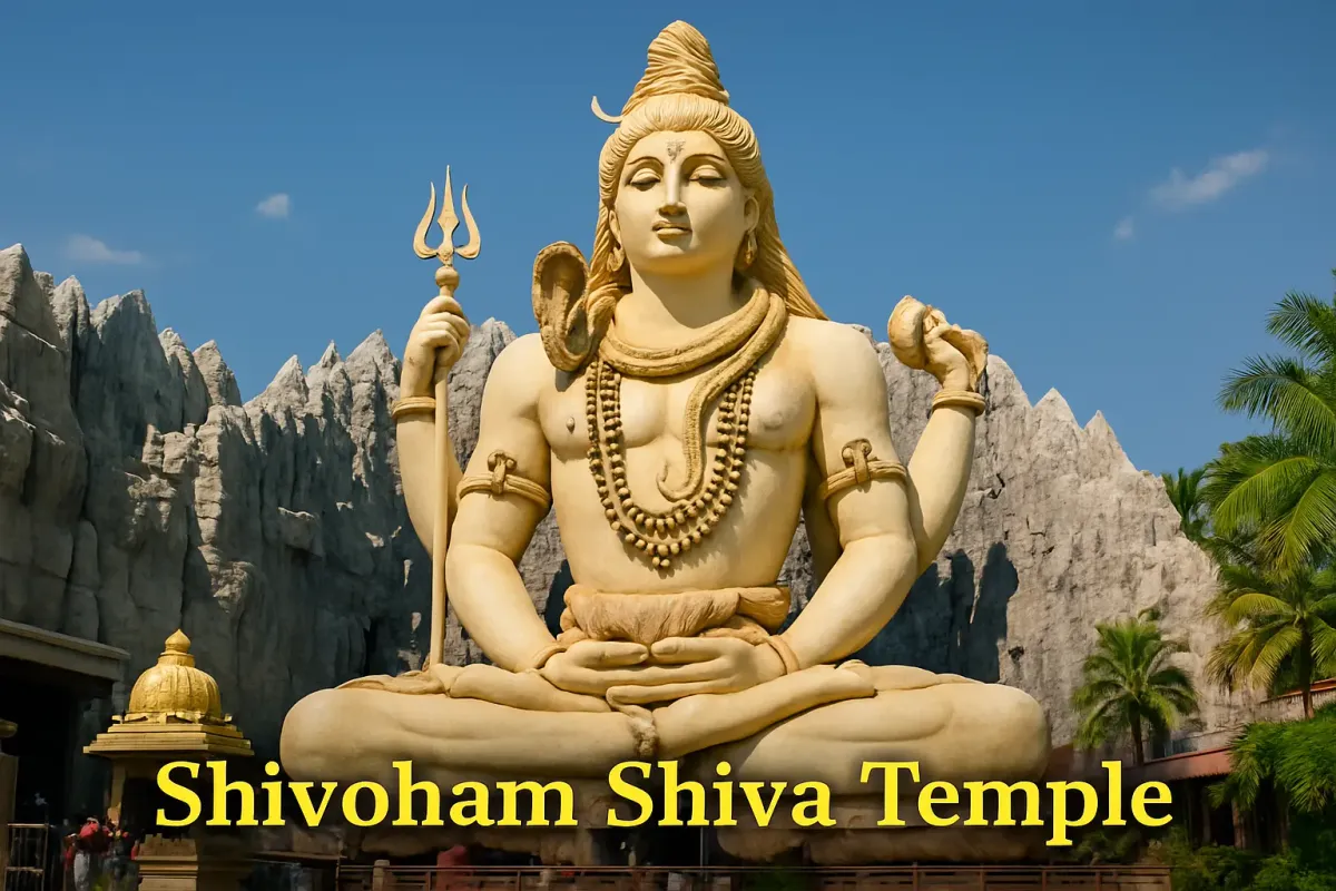 Shivoham Shiva Temple with giant golden Shiva statue in meditation pose under clear blue sky and rocky backdrop.