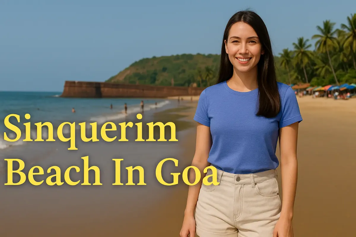 Smiling woman in shorts at Sinquerim Beach in Goa with Lora font text and colorful tropical beach background.