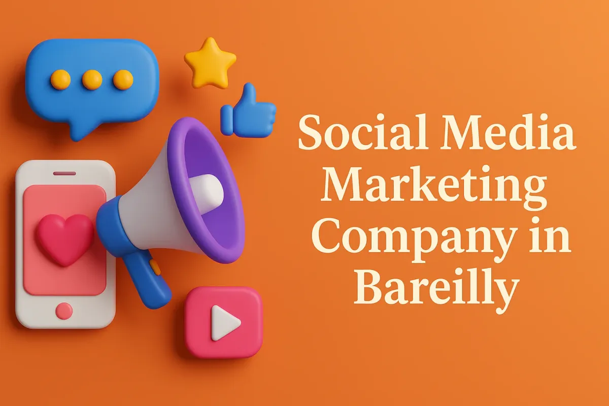Social Media Marketing Company in Bareilly illustration with icons like phone, heart, megaphone,