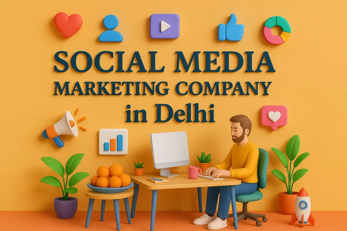 3D social media marketing concept with people interacting on digital devices, icons floating, in a vibrant.