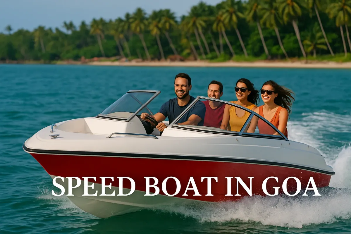ChatGPT said: Four friends ride a red and white speed boat over turquoise waters near a palm-lined beach in Goa.