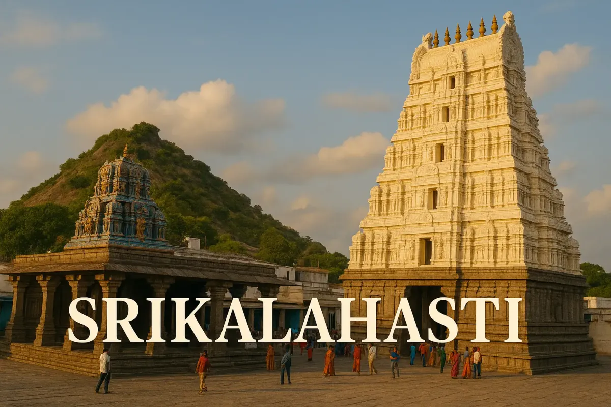SriKalahasti Temple with white gopuram and colorful shrines at sunset, text in Lora font with shadow for visual emphasis.