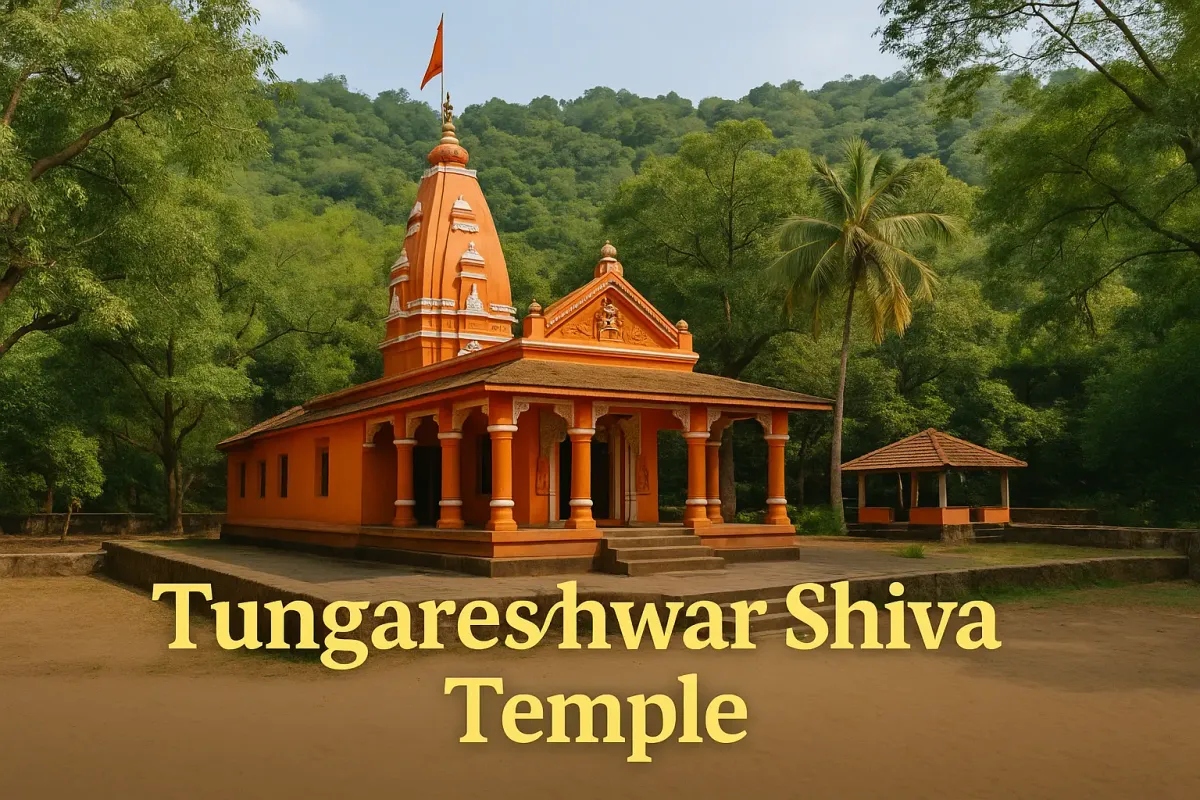Tungareshwar Shiva Temple surrounded by lush greenery with vibrant orange architecture under a clear blue sky.