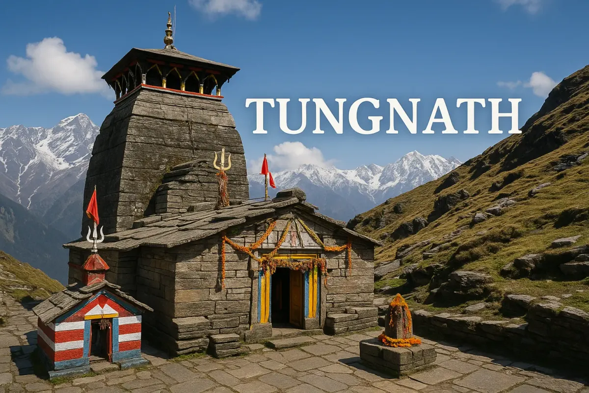 Tungnath Shiva Temple in Himalayas with stone architecture, snow peaks, and TUNGNATH text in Lora font with shadow effect.