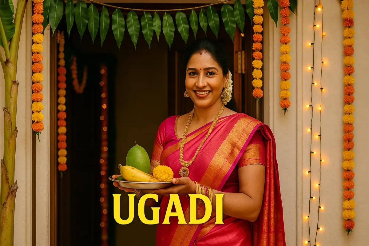 A woman in a pink saree celebrates Ugadi with traditional offerings at a decorated entrance adorned with marigolds