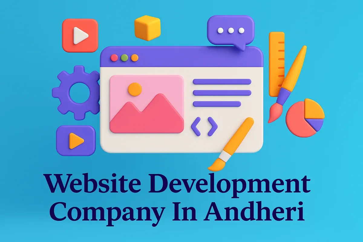 a website development company in Andheri with browser, coding, and design icons on a bright blue background.
