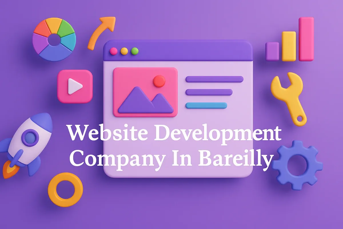 a colorful website interface with tech icons promoting a website development company in Bareilly