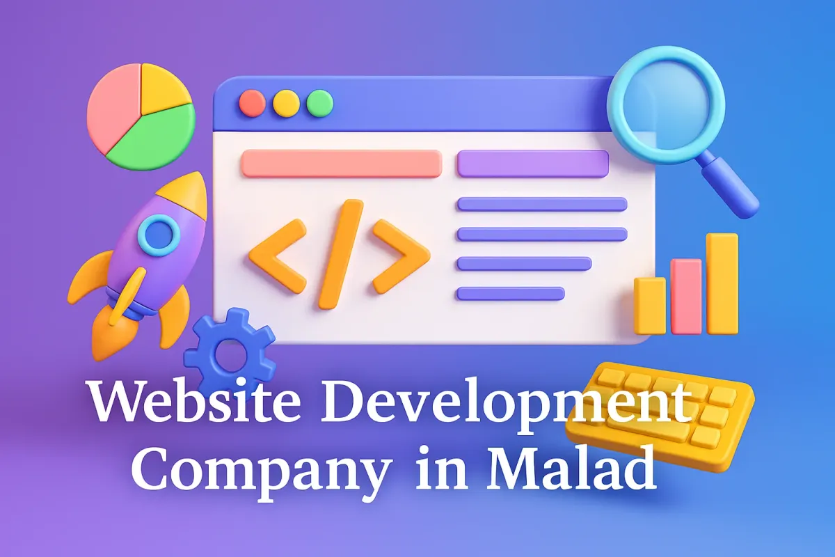 3D illustration of a colorful website interface with development icons and bold text "Website Development Company in Malad".