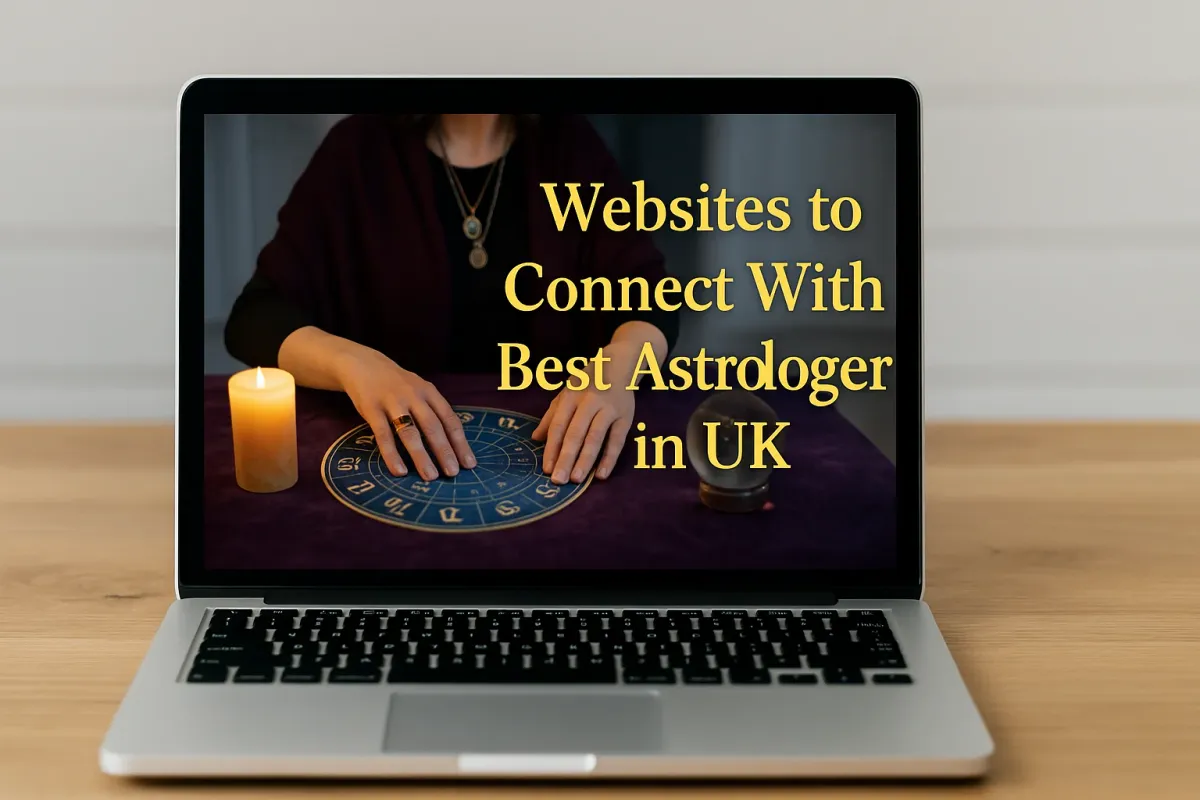 A laptop on a wooden desk displays an astrologerโs hands over a zodiac chart with a candle and crystal ball,