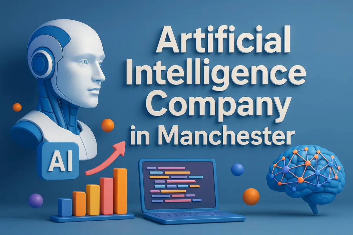 3D illustration of an AI company in Manchester featuring robot head, neural brain, laptop, chart, and bold Lora text.