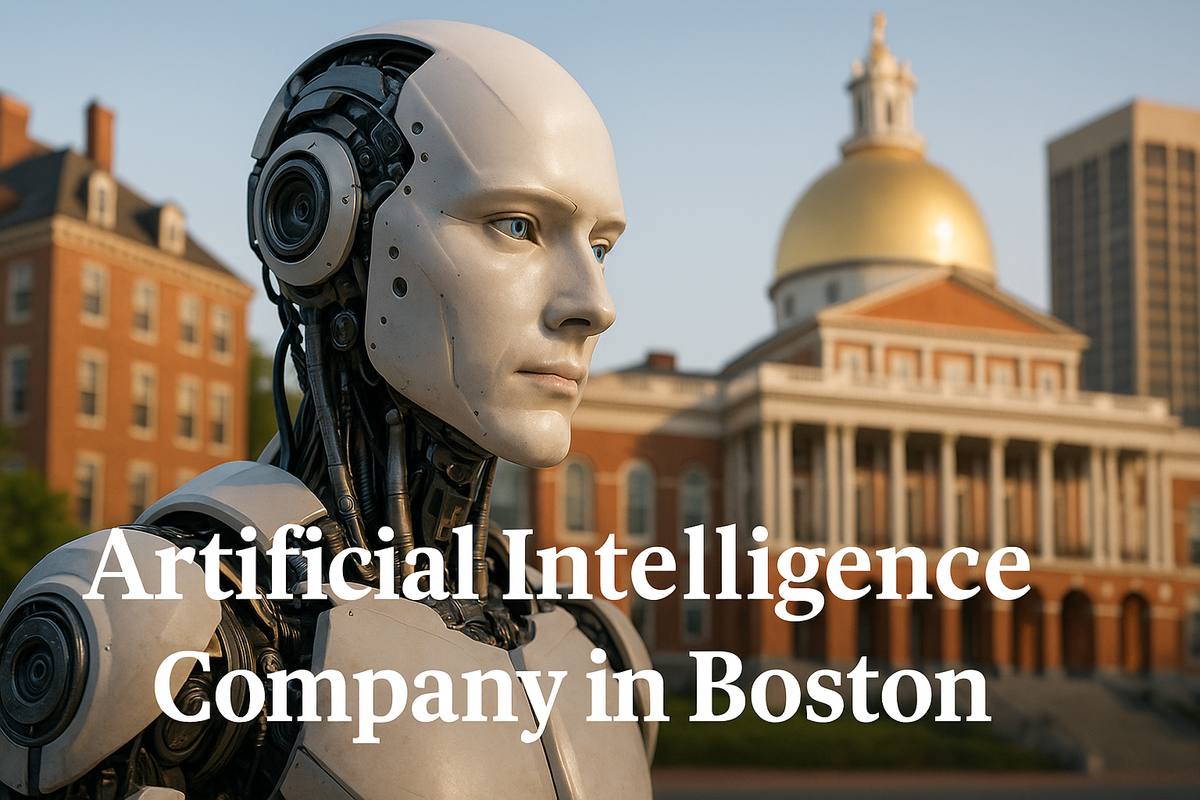  robot in front of Massachusetts State House with text “Artificial Intelligence Company in Boston” inith shadow effect