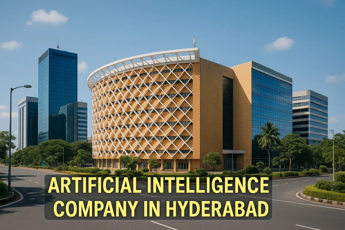 Hyderabad tech hub skyline with AI company signage in bold Lora font and modern architecture in the background.