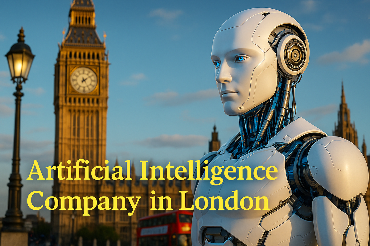 Humanoid robot in front of Big Ben in London with text "Artificial Intelligence Company in London" at sunset.