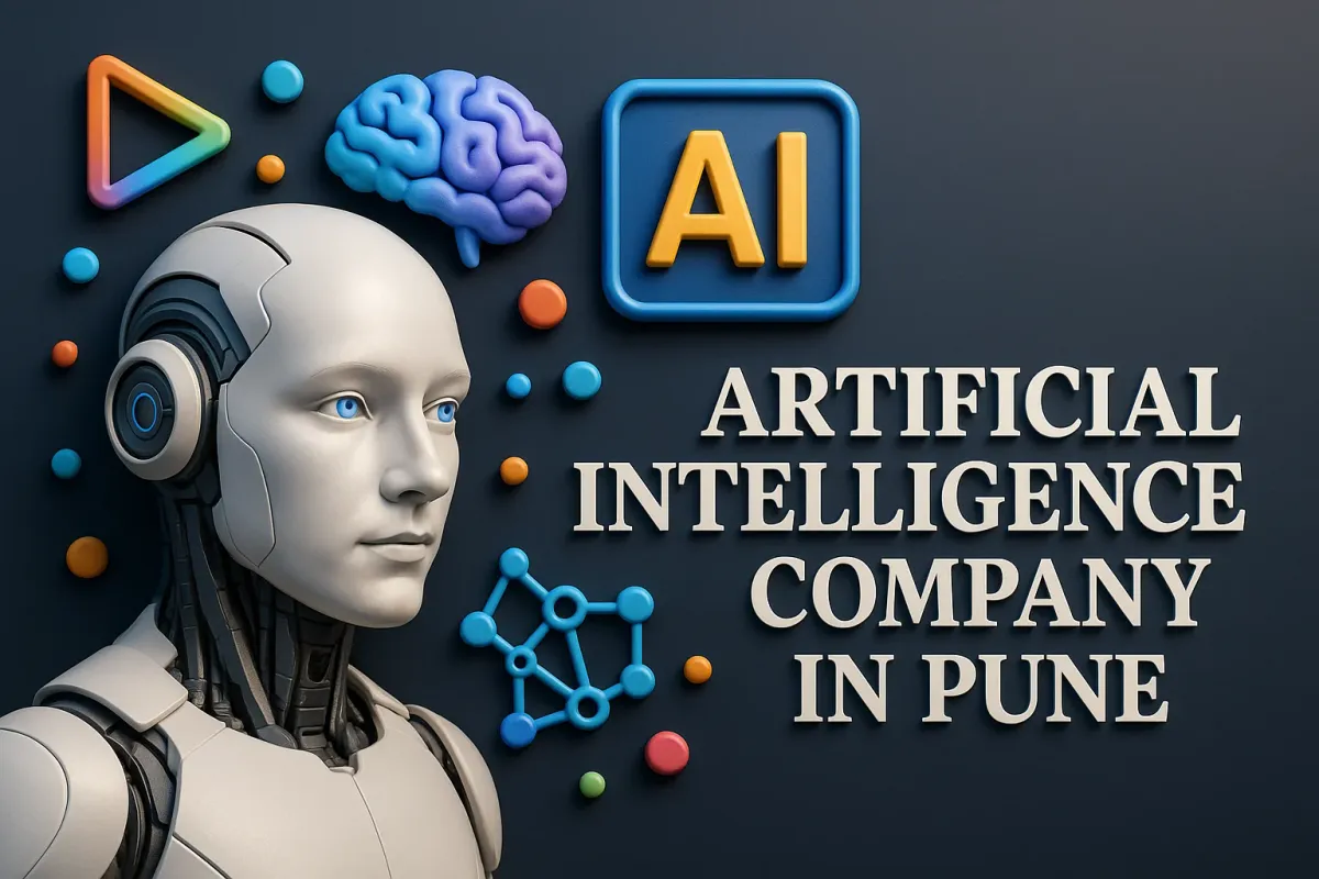3D AI robot "Artificial Intelligence Company in Pune" on dark background, promoting AI services visually.