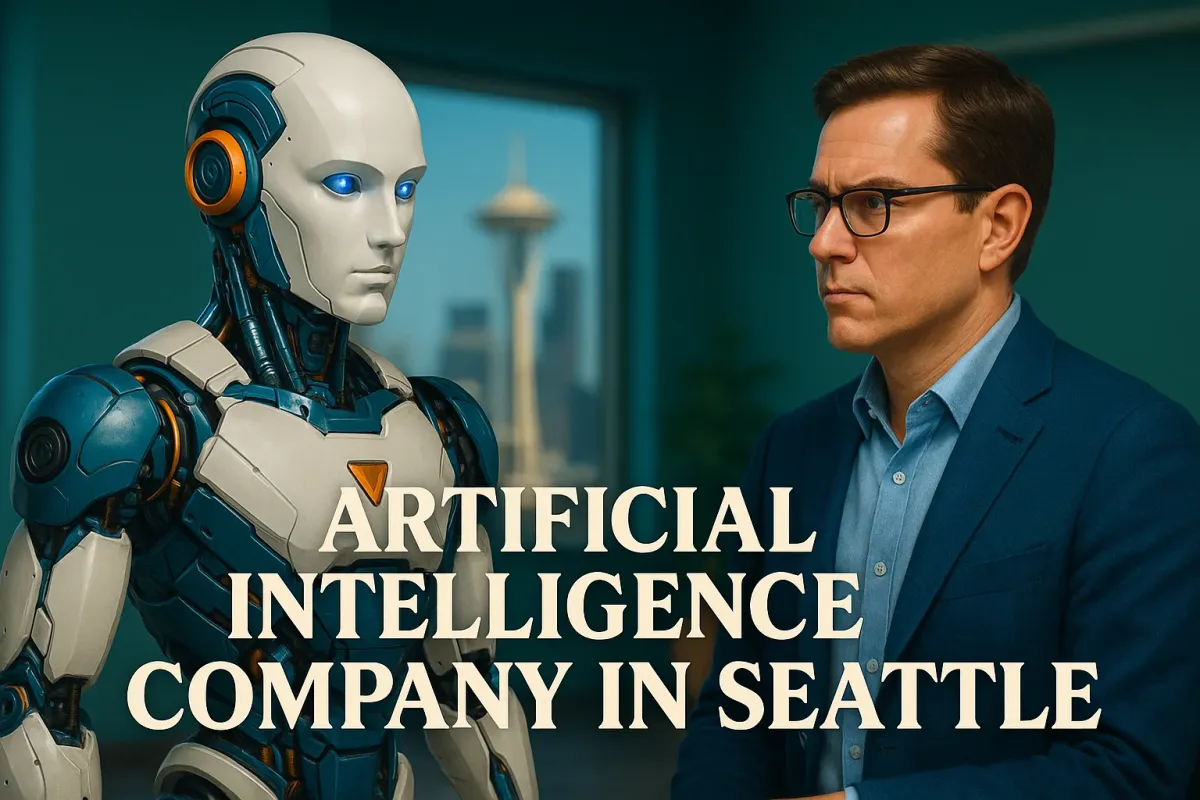 Humanoid robot and businessman in modern Seattle "Artificial Intelligence Company in Seattle".