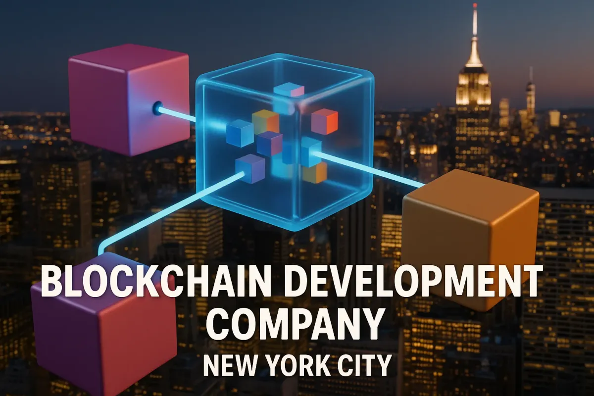3D blockchain network with glowing cubes over New York City skyline, highlighting tech innovation in urban fintech.