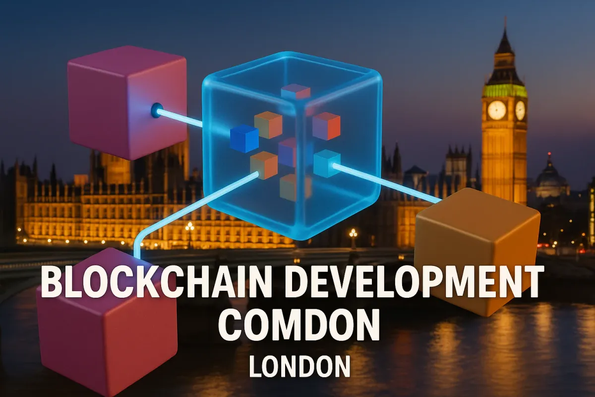 3D blockchain cubes connected over London skyline with Big Ben, showcasing tech innovation in the UK capital.