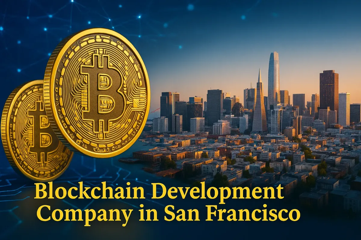 Bitcoin symbols with San Francisco skyline and drepresenting a blockchain development company.