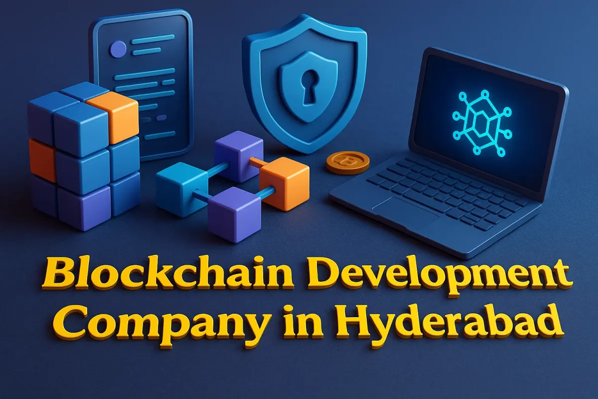 blockchain elements like cubes, shield, and laptop with text "Blockchain Development Company in Hyderabad" shadow.